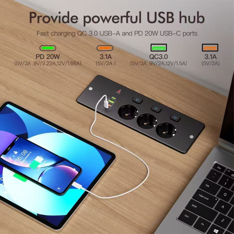 Zásuvka v európskom štýle s nezávislým vypínačom, rýchle nabíjanie PD20W + QC3.0, CE certifikát