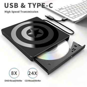 Ārējais USB-C DVD ierakstītājs, 7-in-1 optiskais disks ierīce, atbalsta CD/DVD/CD-RW/DVD-RW; ieraksts līdz 8x, lasīšana līdz 24x, DVD+RW saderīgs