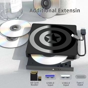 Ārējais USB-C DVD ierakstītājs, 7-in-1 optiskais disks ierīce, atbalsta CD/DVD/CD-RW/DVD-RW; ieraksts līdz 8x, lasīšana līdz 24x, DVD+RW saderīgs