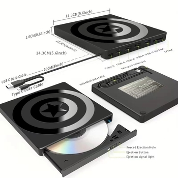 Ārējais USB-C DVD ierakstītājs, 7-in-1 optiskais disks ierīce, atbalsta CD/DVD/CD-RW/DVD-RW; ieraksts līdz 8x, lasīšana līdz 24x, DVD+RW saderīgs