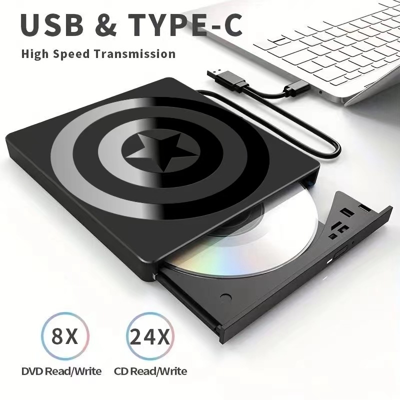 Ārējais USB-C DVD ierakstītājs, 7-in-1 optiskais disks ierīce, atbalsta CD/DVD/CD-RW/DVD-RW; ieraksts līdz 8x, lasīšana līdz 24x, DVD+RW saderīgs