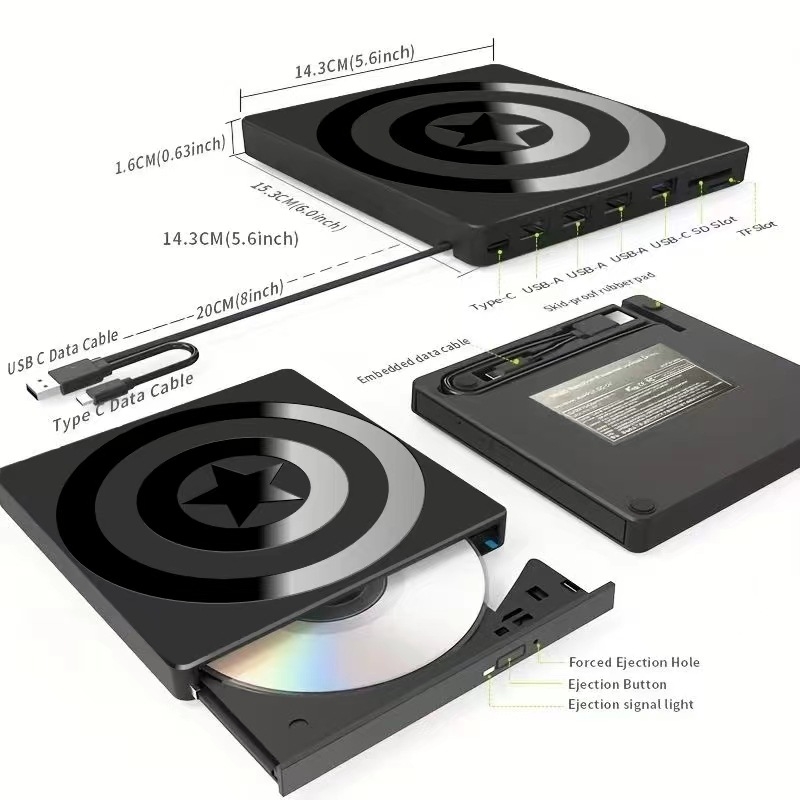 Ārējais USB-C DVD ierakstītājs, 7-in-1 optiskais disks ierīce, atbalsta CD/DVD/CD-RW/DVD-RW; ieraksts līdz 8x, lasīšana līdz 24x, DVD+RW saderīgs
