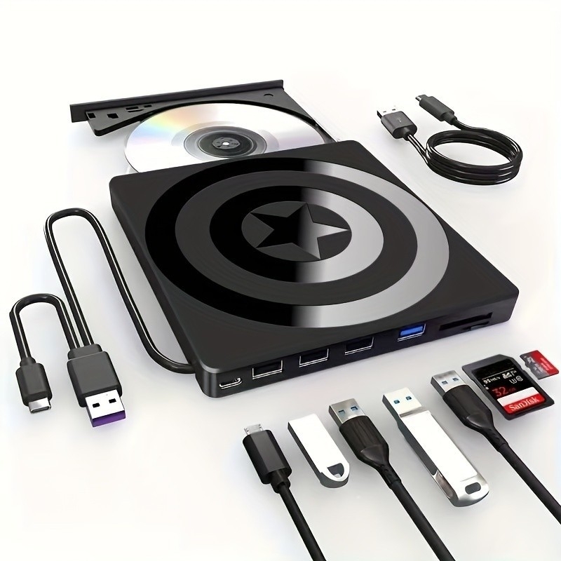 Ārējais USB-C DVD ierakstītājs, 7-in-1 optiskais disks ierīce, atbalsta CD/DVD/CD-RW/DVD-RW; ieraksts līdz 8x, lasīšana līdz 24x, DVD+RW saderīgs