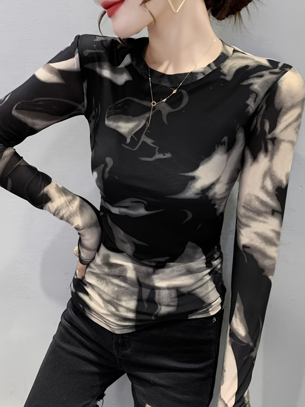 Majica s dugim rukavima od poliestera, okrugli izrez, uski kroj, digitalni tisak