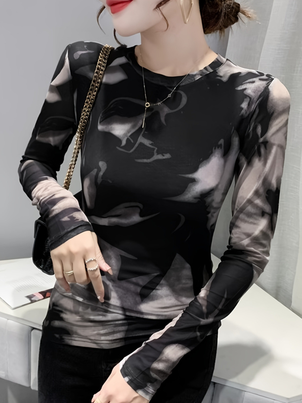 Majica s dugim rukavima od poliestera, okrugli izrez, uski kroj, digitalni tisak