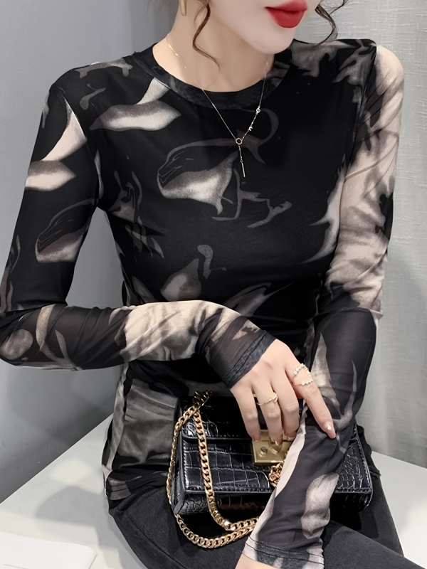 Majica s dugim rukavima od poliestera, okrugli izrez, uski kroj, digitalni tisak