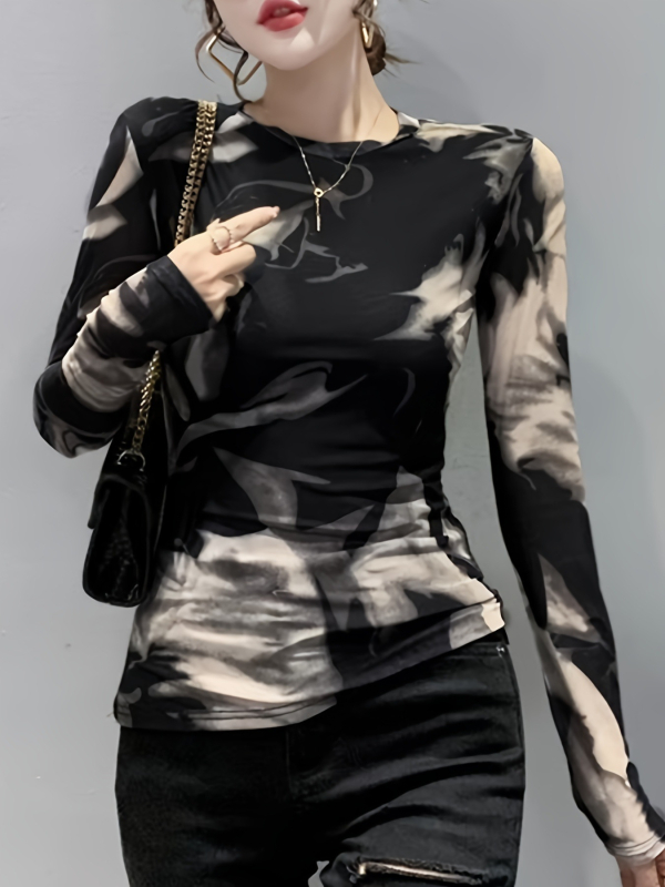 Majica s dugim rukavima od poliestera, okrugli izrez, uski kroj, digitalni tisak