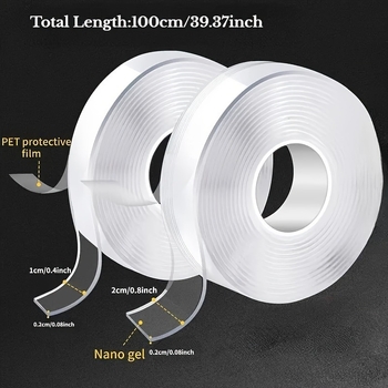 Nano obojstranná páska s akrylovým lepidlom, vysoká viskozita, PET základný materiál, plastové jadro, na svadobné dekorácie.