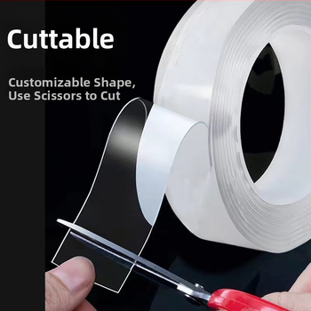 Nano obojstranná páska s akrylovým lepidlom, vysoká viskozita, PET základný materiál, plastové jadro, na svadobné dekorácie.