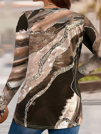 Poliesterska majica s mramornim printom i 3D učinkom, dugi rukav, nepravilni zakrivljeni rub