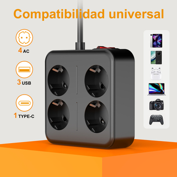 Rozbočovač s 3 USB a 1 Type-C, EU zásuvka, 10A, 100–250V, 2500W