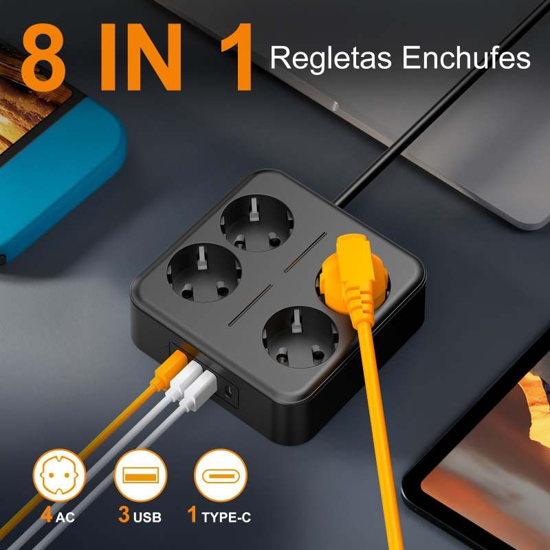 Rozbočovač s 3 USB a 1 Type-C, EU zásuvka, 10A, 100–250V, 2500W