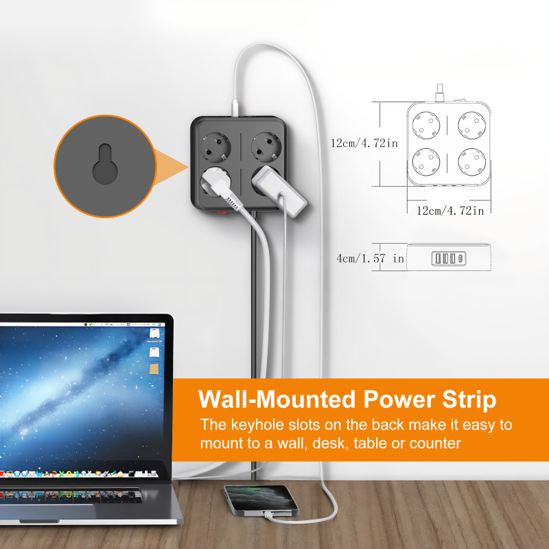 Rozbočovač s 3 USB a 1 Type-C, EU zásuvka, 10A, 100–250V, 2500W
