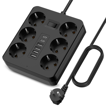 Napájací rozbočovač so štandardom EÚ, s 2 Type-C portmi a integrovaným káblom, plameňovzdorné PC puzdro, 10A/250V, 2500W, červené meďové kontakty, CE-EMC, CE-LVD, ROHS