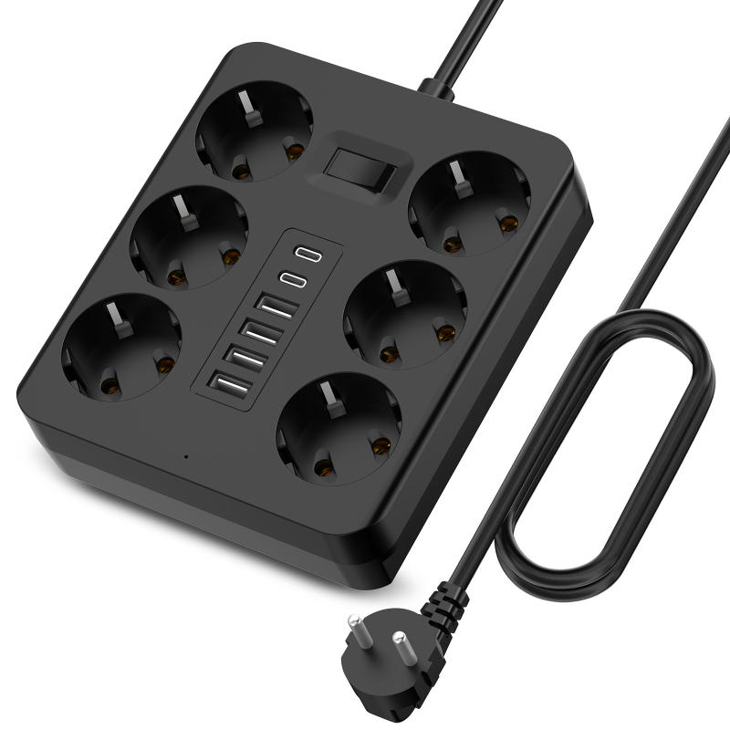 Napájací rozbočovač so štandardom EÚ, s 2 Type-C portmi a integrovaným káblom, plameňovzdorné PC puzdro, 10A/250V, 2500W, červené meďové kontakty, CE-EMC, CE-LVD, ROHS