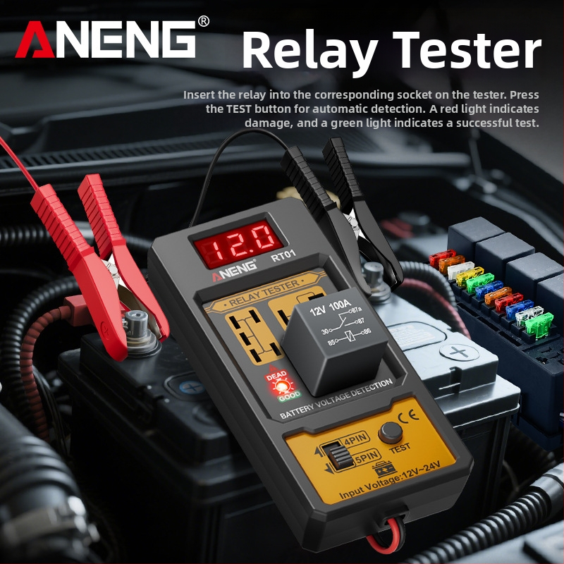 ANENG RT01 Automobiļu releja detektors ar digitālo akumulatora testeru, universāls 12V/24V, releja analīze ar četrām un piecām pinēm