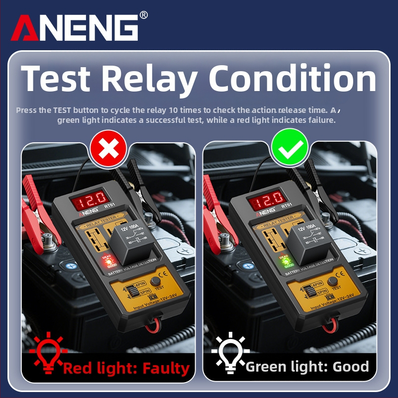 ANENG RT01 Automobiļu releja detektors ar digitālo akumulatora testeru, universāls 12V/24V, releja analīze ar četrām un piecām pinēm