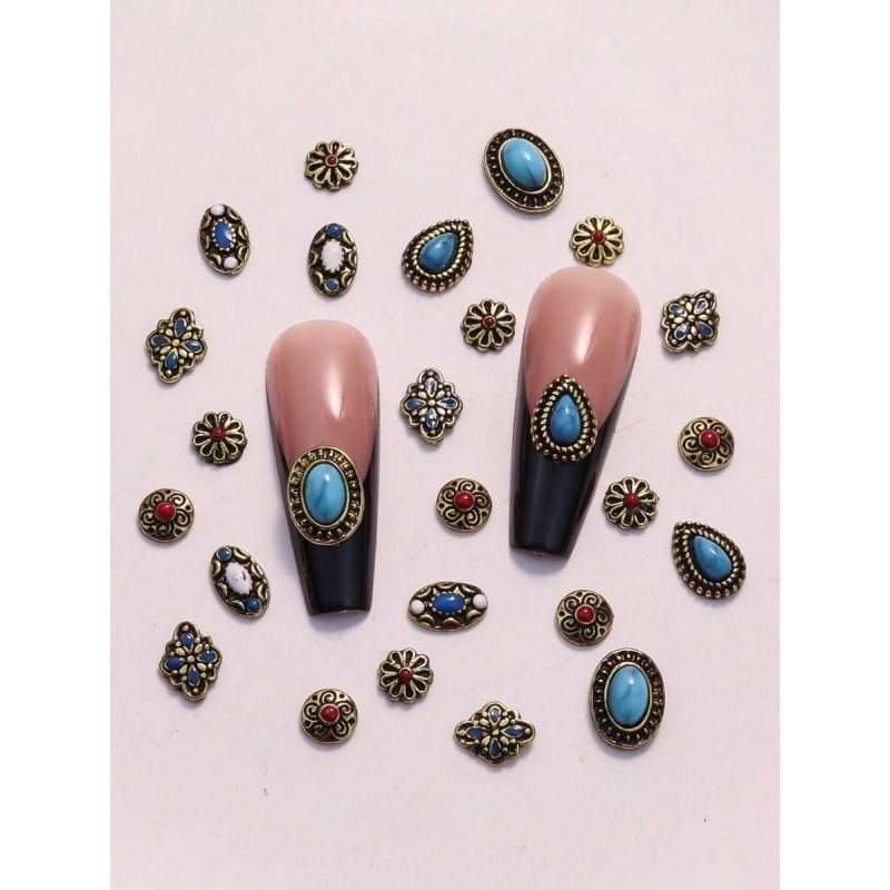 Vintage kovový set šperkov, 50 kusov, zmiešané štýly, oválne kamene