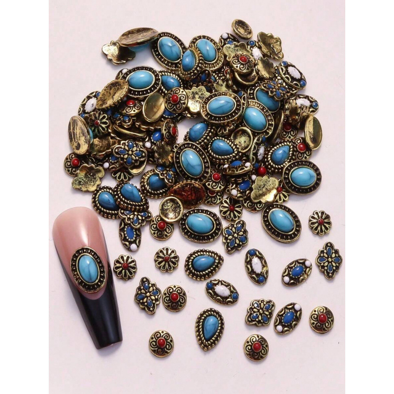 Vintage kovový set šperkov, 50 kusov, zmiešané štýly, oválne kamene