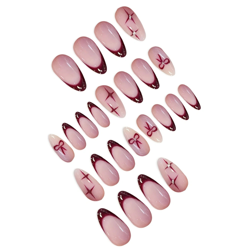 Umjetni nokti za naljepnice u obliku badema, mašna s kristalima, sladak stil