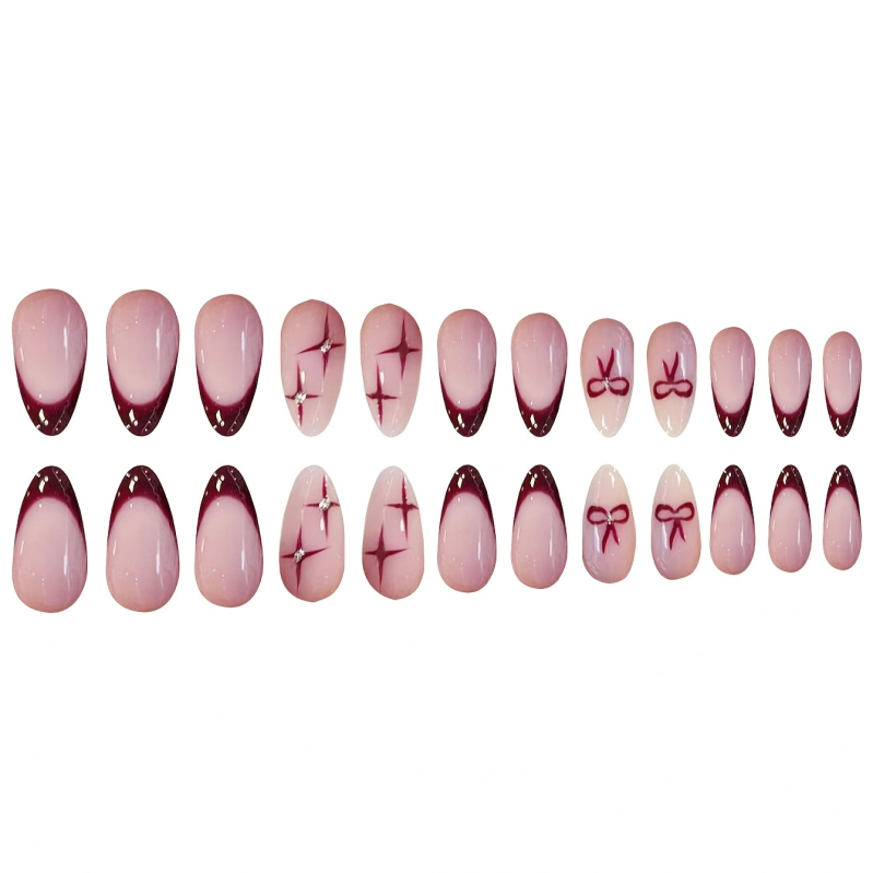 Umjetni nokti za naljepnice u obliku badema, mašna s kristalima, sladak stil