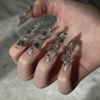 Dlhé kapkové umelé nechty s ružovým motívom, ultra tenké a bez švov, ručne vyrobené