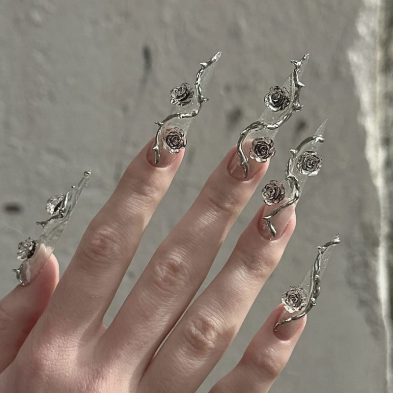 Dlhé kapkové umelé nechty s ružovým motívom, ultra tenké a bez švov, ručne vyrobené