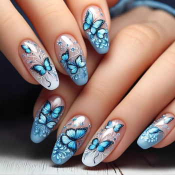 Vivi max lažne nokte - naljepnice s motivima leptira i cvijeća, bademasti oblik, vintage stil, šifra A425