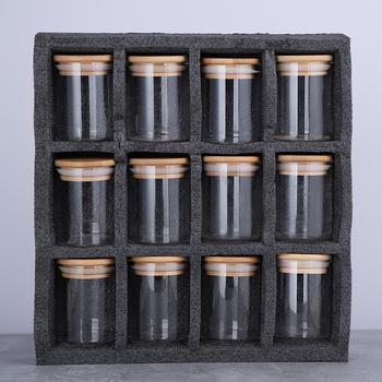 Set 12 sklenených nádob na korenie s bambusovým uzáverom, 175 ml objem, značka Yirong, kuchynské uloženie