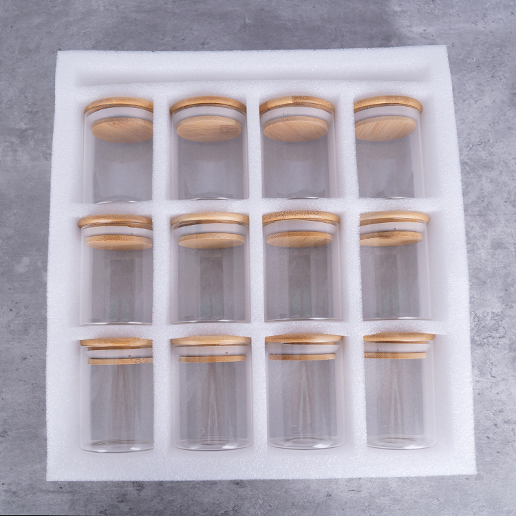 Set 12 sklenených nádob na korenie s bambusovým uzáverom, 175 ml objem, značka Yirong, kuchynské uloženie