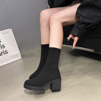 Ženske čarape čizme s pletenim elastičnim gornjim dijelom, chunky pet 6–8 cm, srednje dužine list, Slip-On