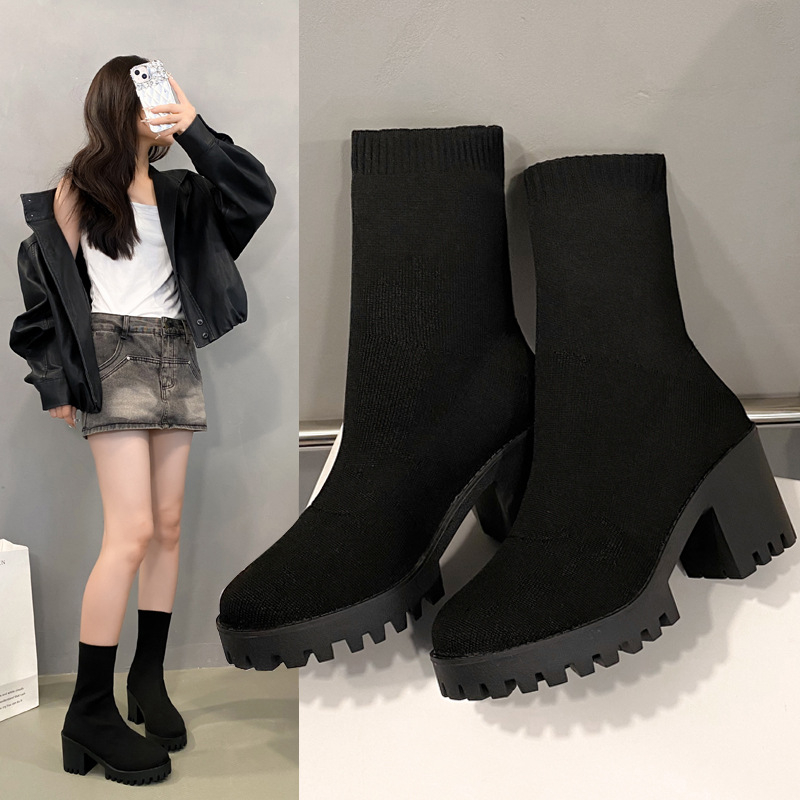 Ženske čarape čizme s pletenim elastičnim gornjim dijelom, chunky pet 6–8 cm, srednje dužine list, Slip-On