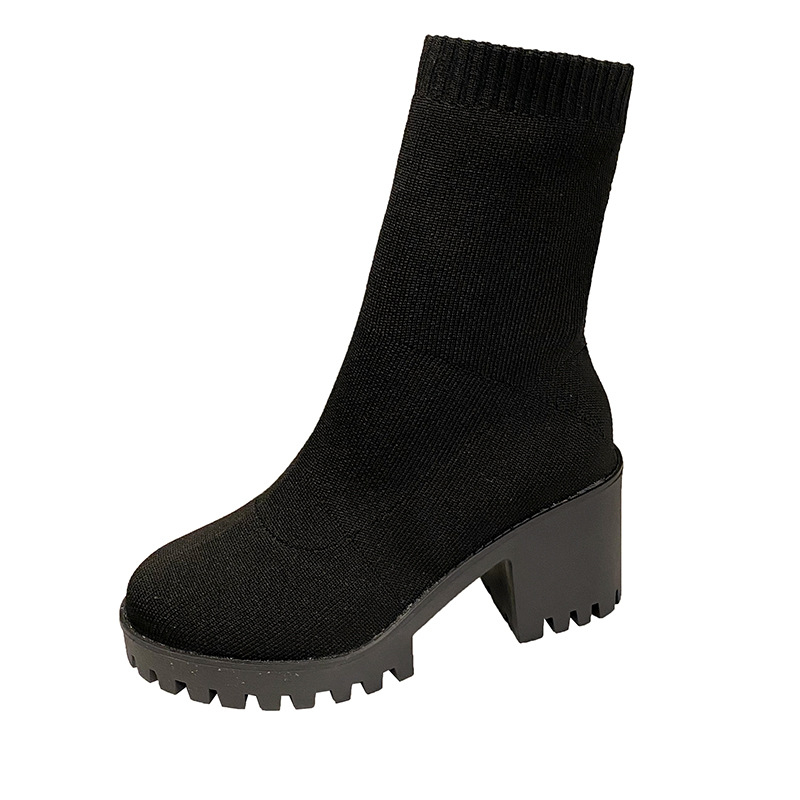 Ženske čarape čizme s pletenim elastičnim gornjim dijelom, chunky pet 6–8 cm, srednje dužine list, Slip-On