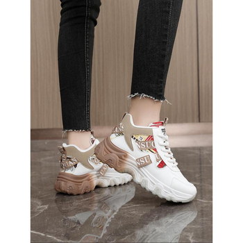 Ženske tenisice s vezicama, okrugli vrh, PU gornji dio, motiv lubanje, klinasti potpetica 4–6 cm