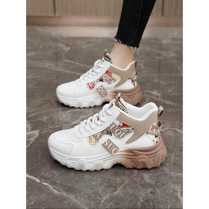 Ženske tenisice s vezicama, okrugli vrh, PU gornji dio, motiv lubanje, klinasti potpetica 4–6 cm