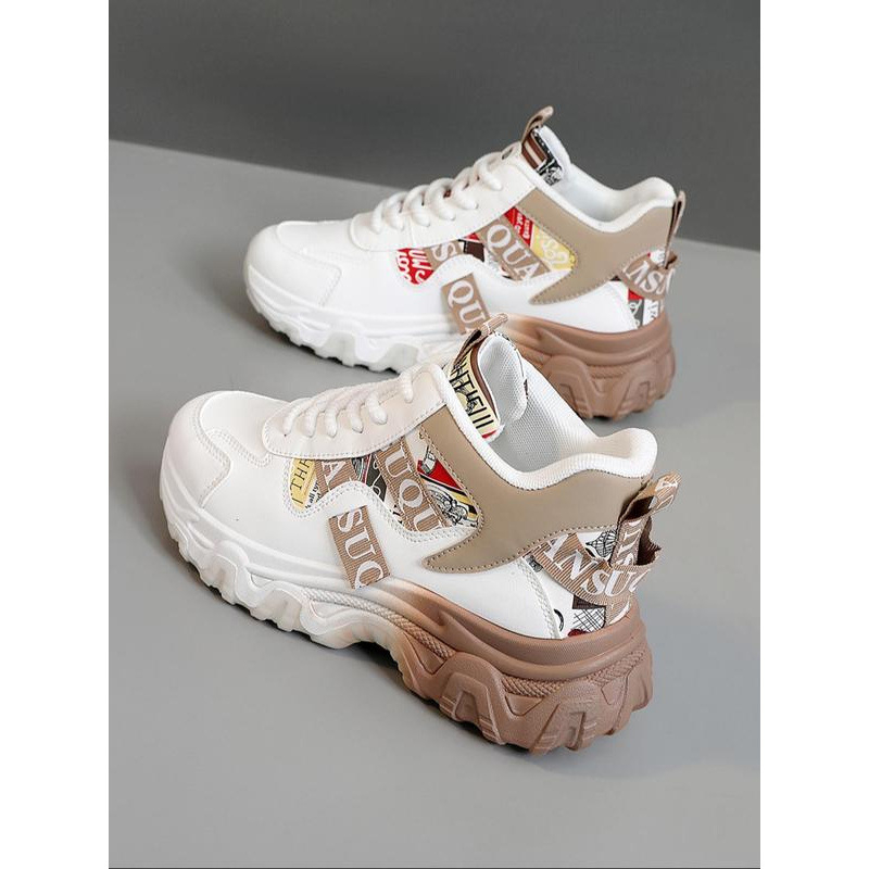 Ženske tenisice s vezicama, okrugli vrh, PU gornji dio, motiv lubanje, klinasti potpetica 4–6 cm