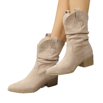 Ženske nubuk gležnjače s debelim petom 3–5 cm, šiljat vrh, niski štitnik/višak, pull-on, gumena potplat, korejski stil