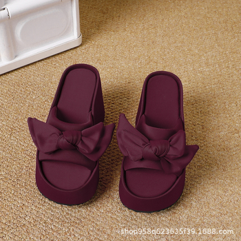 Sandale s mašnicom od Lycra, debela klina, otvoreni prsti, udobne za kuću i van, europsko-američki stil (Gornji materijal: Super vlakno; Unutarnji materijal: Super vlakno; Peta: Klin; Đon: PU; Oblik prsta: zaokruženi)