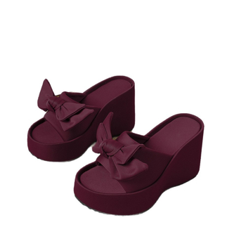 Sandale s mašnicom od Lycra, debela klina, otvoreni prsti, udobne za kuću i van, europsko-američki stil (Gornji materijal: Super vlakno; Unutarnji materijal: Super vlakno; Peta: Klin; Đon: PU; Oblik prsta: zaokruženi)