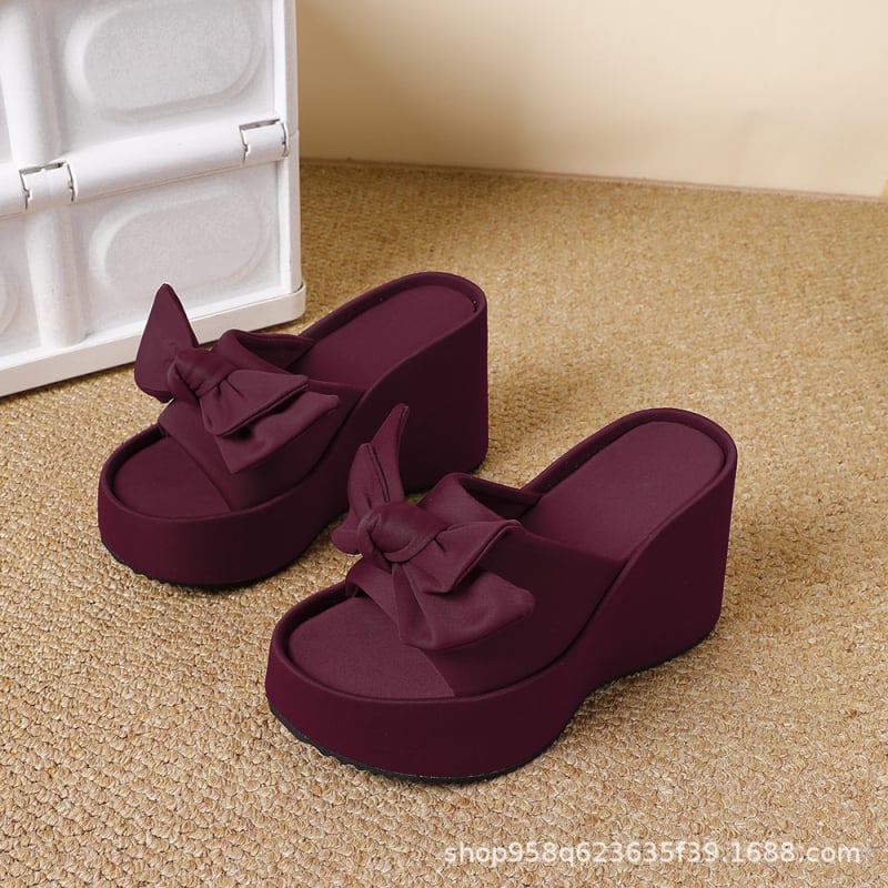 Sandale s mašnicom od Lycra, debela klina, otvoreni prsti, udobne za kuću i van, europsko-američki stil (Gornji materijal: Super vlakno; Unutarnji materijal: Super vlakno; Peta: Klin; Đon: PU; Oblik prsta: zaokruženi)