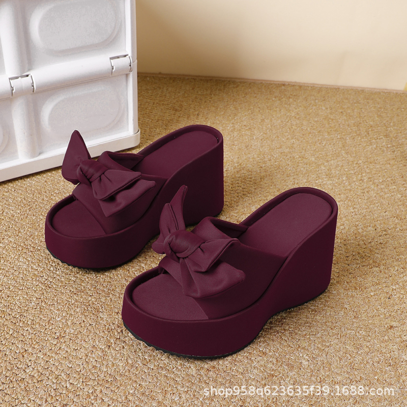 Sandale s mašnicom od Lycra, debela klina, otvoreni prsti, udobne za kuću i van, europsko-američki stil (Gornji materijal: Super vlakno; Unutarnji materijal: Super vlakno; Peta: Klin; Đon: PU; Oblik prsta: zaokruženi)