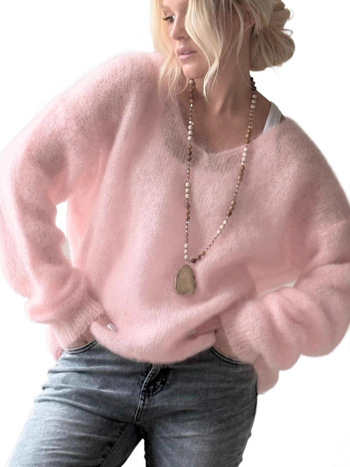 Džemper s V-izrezom, dugim rukavima, širokog kroja, poliester tkanina