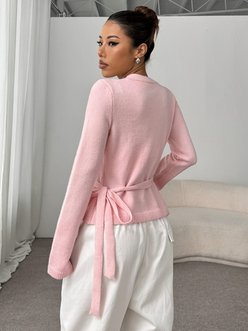 Ženski kardigan s kaišem, V-izrez, dugi rukavi, poliester, uzak kroj