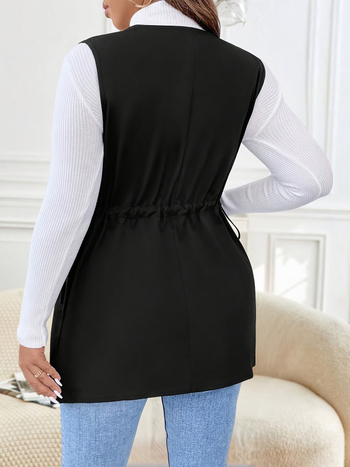 Кардиган жилетка с V-образно деколте, прав силует, с едно копче, полиестер 90–95% и еластан под 30%, дължина 50–65 см