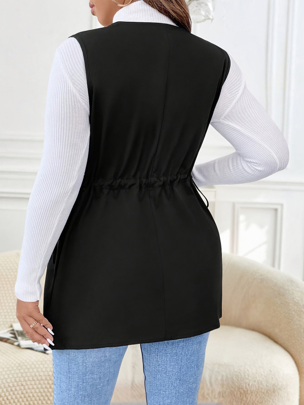 Cardigan bez rukávov s V výstrihom, rovný strih, zapínanie na jedno gombík, 90–95% polyester, spandex <30%, dĺžka 50–65 cm