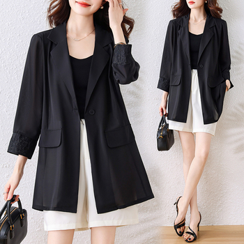 Dámske sako s vypchanými ramenami a čipkovými panelmi, vzor farebných blokov, golier Peter Pan, 3/4 rukávy, jednostranné zapínanie