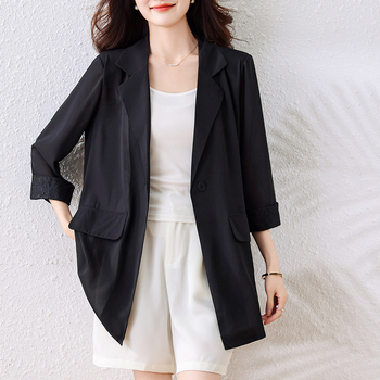 Dámske sako s vypchanými ramenami a čipkovými panelmi, vzor farebných blokov, golier Peter Pan, 3/4 rukávy, jednostranné zapínanie