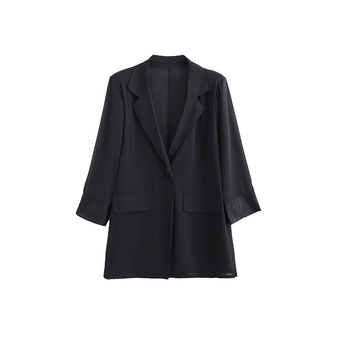 Dámske sako s vypchanými ramenami a čipkovými panelmi, vzor farebných blokov, golier Peter Pan, 3/4 rukávy, jednostranné zapínanie