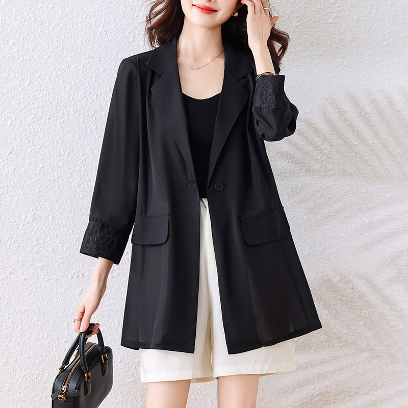 Dámske sako s vypchanými ramenami a čipkovými panelmi, vzor farebných blokov, golier Peter Pan, 3/4 rukávy, jednostranné zapínanie