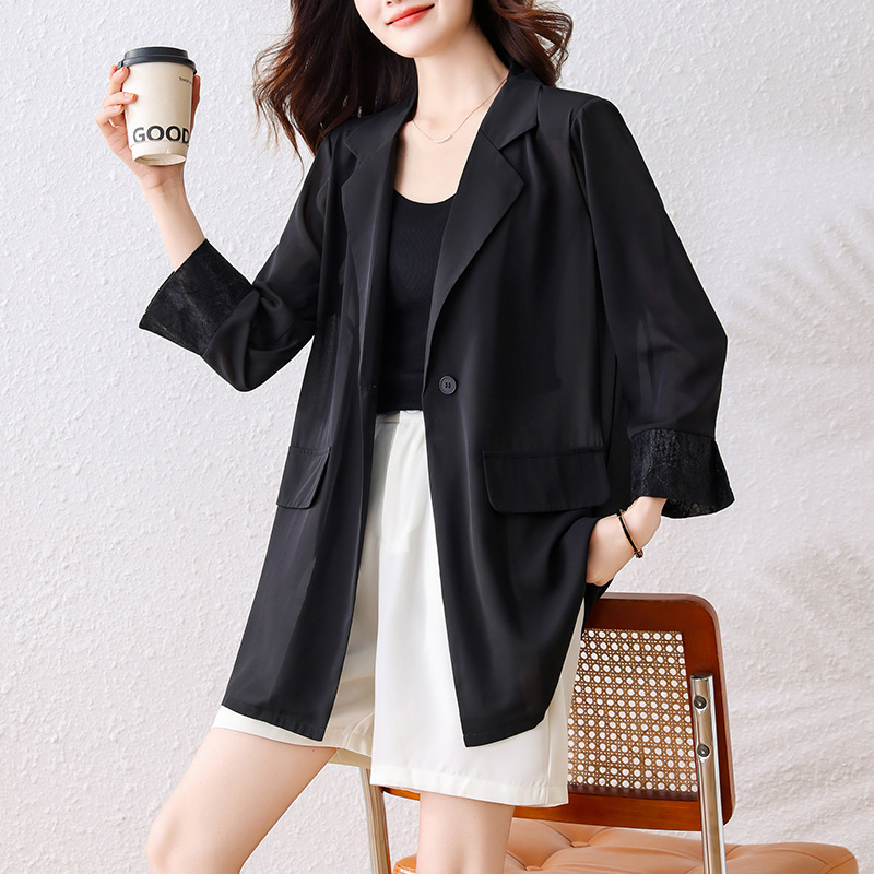 Dámske sako s vypchanými ramenami a čipkovými panelmi, vzor farebných blokov, golier Peter Pan, 3/4 rukávy, jednostranné zapínanie